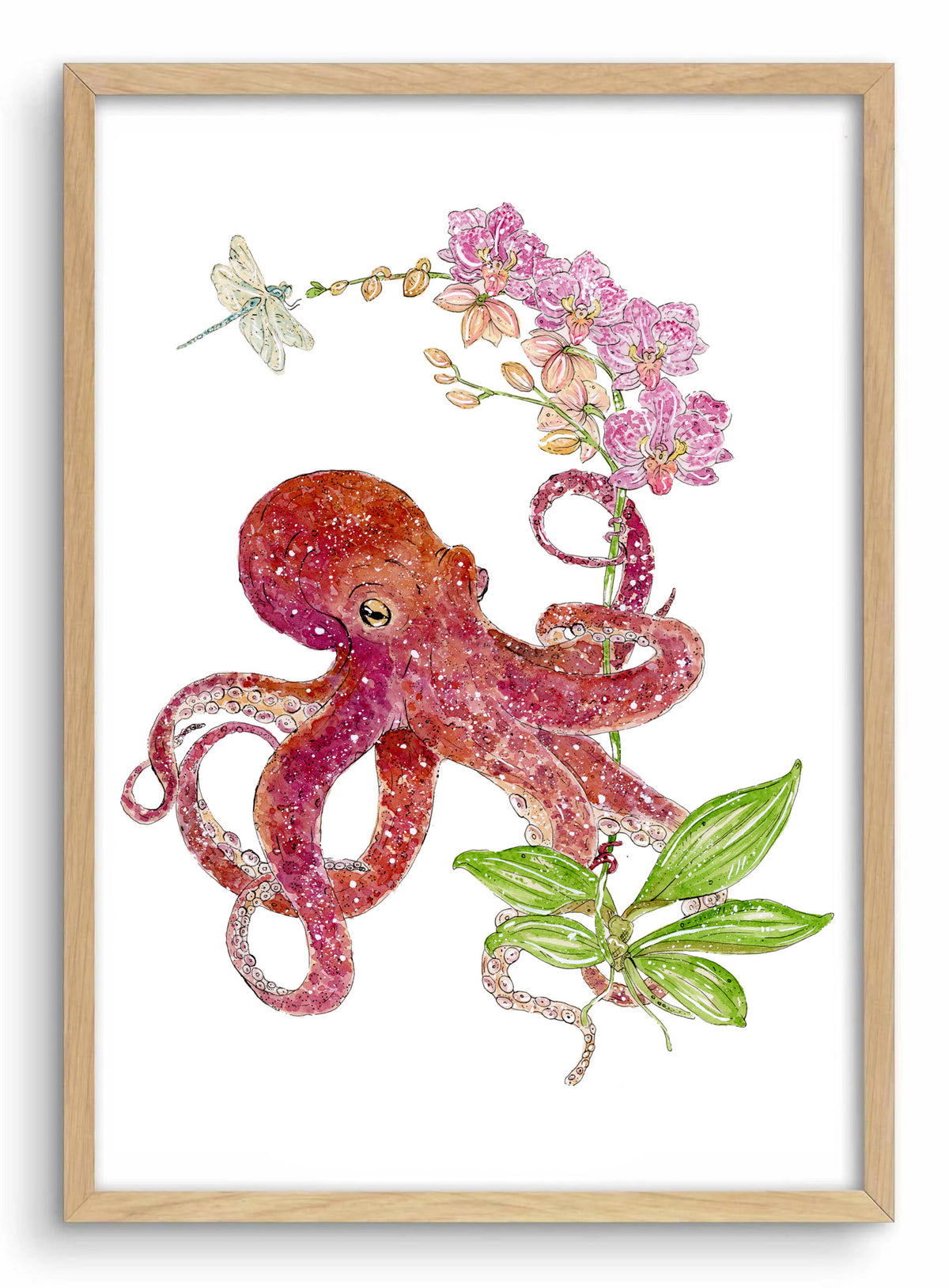 Framed artwork of a pink octopus with flowers and leaves on a white background