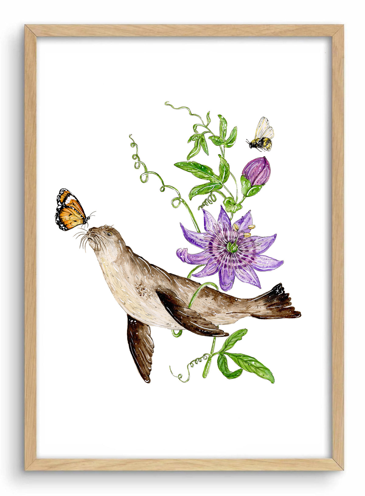 'Serenade of the Sea' Seal & Passionflower | Watercolour Art Print